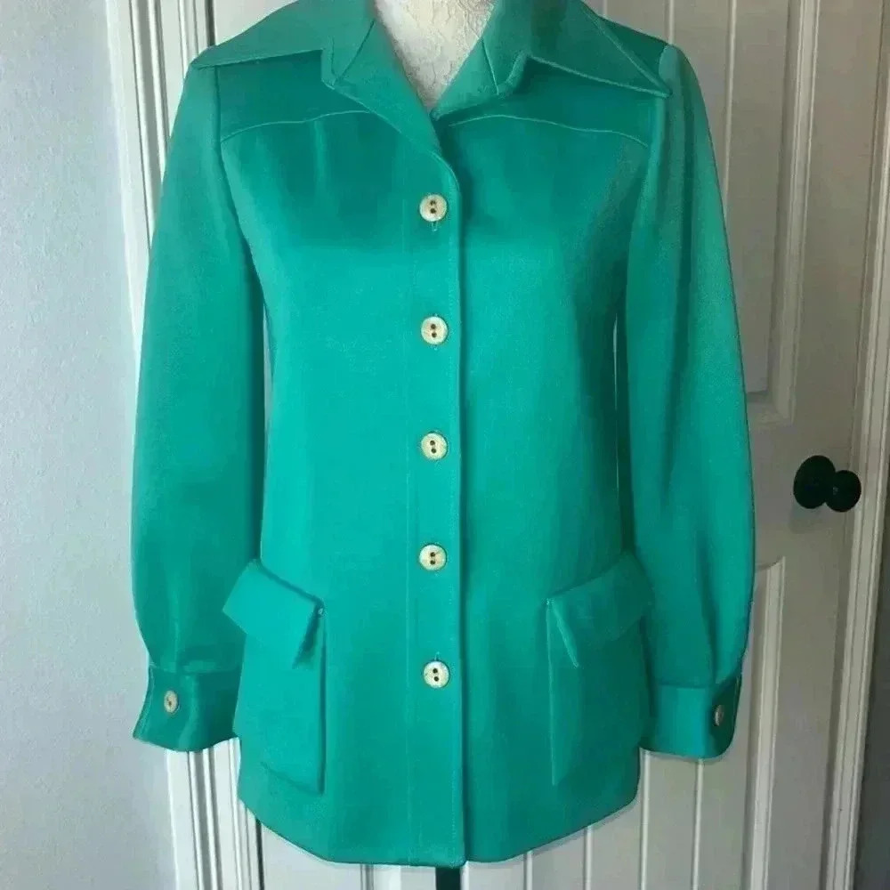 Vintage 60s/70s Joe Frank of Houston Polyester Jacket Green Brady Bunch Vibes